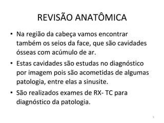 5
REVISÃO ANATÔMICA
• Na região da cabeça vamos encontrar
também os seios da face, que são cavidades
ósseas com acúmulo de ar.
• Estas cavidades são estudas no diagnóstico
por imagem pois são acometidas de algumas
patologia, entre elas a sinusite.
• São realizados exames de RX- TC para
diagnóstico da patologia.
 
