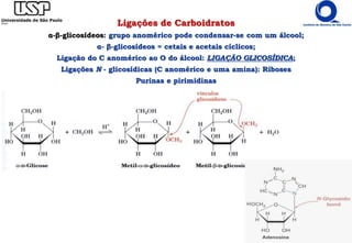 Ligações de Carboidratos
α-β-glicosídeos: grupo anomérico pode condensar-se com um álcool;
α- β-glicosídeos = cetais e acetais cíclicos;
Ligação do C anomérico ao O do álcool: LIGAÇÃO GLICOSÍDICA;
Ligações N - glicosídicas (C anomérico e uma amina): Riboses
Purinas e pirimidinas
 