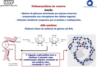 Polissacarídeos de reserva
Amido
- Mistura de glicanos sintetizada por plantas (reserva);
- Armazenados nos cloroplastos das células vegetais;
- Grânulos insolúveis compostos por α–amilose e amilopectina.
Alfa–amilose
Polímero linear de milhares de glicose α(14);
 Ligação α-glicosídica leva a
Amilose a assumir uma
conformação elíptica enrolada no
seu próprio eixo.
- Acomoda I3- ou I5-
 