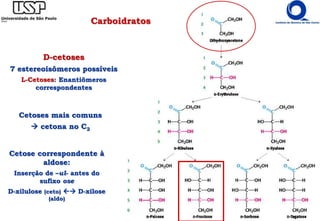 Carboidratos
D-cetoses
7 estereoisômeros possíveis
L-Cetoses: Enantiômeros
correspondentes
Cetoses mais comuns
 cetona no C2
Cetose correspondente à
aldose:
Inserção de –ul- antes do
sufixo ose
D-xilulose (ceto)  D-xilose
(aldo)
 