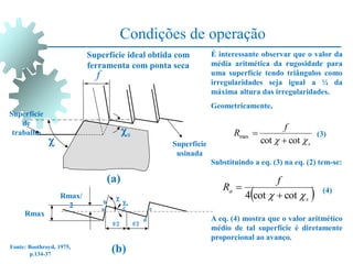 Condições de operação
s
f
R

 cot
cot
max


a
d
c
f/2
e
b
f/2

s
Rmax
Rmax/
2
f
s

Superfície
de
trabalho
Superfície
usinada
Superfície ideal obtida com
ferramenta com ponta seca
É interessante observar que o valor da
média aritmética da rugosidade para
uma superfície tendo triângulos como
irregularidades seja igual a ¼ da
máxima altura das irregularidades.
Geometricamente,
(3)
Substituindo a eq. (3) na eq. (2) tem-se:
(4)
A eq. (4) mostra que o valor aritmético
médio de tal superfície é diretamente
proporcional ao avanço.
(b)
(a)
Fonte: Boothroyd, 1975,
p.134-37
 
s
a
f
R

 cot
cot
4 

 