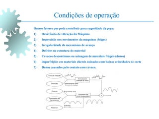 Condições de operação
Outros fatores que pode contribuir para rugosidade da peça:
1) Ocorrência de vibração da Máquina
2) Imprecisão nos movimentos da maquinas (folgas)
3) Irregularidade do mecanismo de avanço
4) Defeitos na estrutura do material
5) Cavacos descontínuos na usinagem de materiais frágeis (duros)
6) imperfeições em materiais dúcteis usinados com baixas velocidades de corte
7) Danos causados pelo contato com cavaco.
 