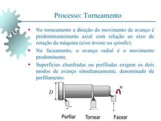 Processo: Torneamento
 No torneamento a direção do movimento de avanço é
predominantemente axial com relação ao eixo de
rotação da máquina (eixo árvore ou spindle).
 No faceamento, o avanço radial é o movimento
predominante.
 Superfícies chanfradas ou perfiladas exigem os dois
modos de avanço simultaneamente, denominado de
perfilamento.
Perfilar Tornear Facear
D
n
 