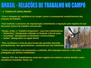 • 22.. TTRRAABBAALLHHOO AASSSSAALLAARRIIAADDOO 
• CCoomm aa cchheeggaaddaa ddoo ccaappiittaalliissmmoo aaoo ccaammppoo,, hhoouuvvee oo ccoonnsseeqquueennttee aassssaallaarriiaammeennttoo ddaass 
rreellaaççõõeess ddee ttrraabbaallhhoo.. 
• IIssssoo aacceelleerroouu oo pprroocceessssoo ddee eexxpprroopprriiaaççããoo,, ffoommeennttaannddoo aa mmiiggrraaççããoo ppaarraa rreeggiiõõeess eemm qquuee 
hhoouuvveessssee cchhaannccee ddee ttrraabbaallhhoo rreemmuunneerraaddoo.. 
• SSuurrggiiuu,, eennttããoo,, oo ““ttrraabbaallhhoo tteemmppoorráárriioo””,, ccaassoo ddooss ttrraabbaallhhaaddoorreess:: 
-- ““bbóóiiaass--ffrriiaass”” ((ddeessiiggnnaaççããoo uuttiilliizzaaddaa nnoo SSuuddeessttee ee SSuull ddoo ppaaííss)) 
-- ““ccoorruummbbááss”” ((ddeessiiggnnaaççããoo nnoo NNoorrddeessttee ee CCeennttrroo--OOeessttee)) 
-- ““ppeeõõeess”” ((ddeessiiggnnaaççããoo nnaa rreeggiiããoo NNoorrttee)) 
• EElleess ccoonnssttiittuueemm aa mmããoo--ddee--oobbrraa bbaarraattaa ddaass ggrraannddeess ffaazzeennddaass,, 
pprriinncciippaallmmeennttee,, ddaass aaggrrooiinnddúússttrriiaass,, rreecceebbeennddoo ppoorr ddiiaa ttrraabbaallhhaaddoo.. 
• CCoommoo ssóó ttrraabbaallhhaamm nnaass ppllaannttaaççõõeess ee ccoollhheeiittaass,, ttêêmm eemmpprreeggoo ssaazzoonnaall,, ee nnããoo eessttããoo 
pprrootteeggiiddooss ppoorr ddiirreeiittooss ttrraabbaallhhiissttaass.. 
• AAppeennaass 1100%% ddooss ttrraabbaallhhaaddoorreess rruurraaiiss tteemm rreeggiissttrroo eemm ccaarrtteeiirraa ee oouuttrrooss ddiirreeiittooss,, ccoommoo 
aassssiissttêênncciiaa hhoossppiittaallaarr,, fféérriiaass,, eettcc 
 