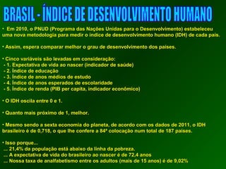 • EEmm 22001100,, oo PPNNUUDD ((PPrrooggrraammaa ddaass NNaaççõõeess UUnniiddaass ppaarraa oo DDeesseennvvoollvviimmeennttoo)) eessttaabbeelleecceeuu 
uummaa nnoovvaa mmeettooddoollooggiiaa ppaarraa mmeeddiirr oo íínnddiiccee ddee ddeesseennvvoollvviimmeennttoo hhuummaannoo ((IIDDHH)) ddee ccaaddaa ppaaííss.. 
• AAssssiimm,, eessppeerraa ccoommppaarraarr mmeellhhoorr oo ggrraauu ddee ddeesseennvvoollvviimmeennttoo ddooss ppaaíísseess.. 
• CCiinnccoo vvaarriiáávveeiiss ssããoo lleevvaaddaass eemm ccoonnssiiddeerraaççããoo: 
-- 11.. EExxppeeccttaattiivvaa ddee vviiddaa aaoo nnaasscceerr ((iinnddiiccaaddoorr ddee ssaaúúddee)) 
-- 22.. ÍÍnnddiiccee ddee eedduuccaaççããoo 
-- 33.. ÍÍnnddiiccee ddee aannooss mmééddiiooss ddee eessttuuddoo 
-- 44.. ÍÍnnddiiccee ddee aannooss eessppeerraaddooss ddee eessccoollaarriiddaaddee 
-- 55.. ÍÍnnddiiccee ddee rreennddaa ((PPIIBB ppeerr ccaappiittaa,, iinnddiiccaaddoorr eeccoonnôômmiiccoo)) 
• OO IIDDHH oosscciillaa eennttrree 00 ee 11.. 
• QQuuaannttoo mmaaiiss pprróóxxiimmoo ddee 11,, mmeellhhoorr.. 
• MMeessmmoo sseennddoo aa sseexxttaa eeccoonnoommiiaa ddoo ppllaanneettaa,, ddee aaccoorrddoo ccoomm ooss ddaaddooss ddee 22001111,, oo IIDDHH 
bbrraassiilleeiirroo éé ddee 00,,771188,, oo qquuee llhhee ccoonnffeerree aa 8844ª ccoollooccaaççããoo nnuumm ttoottaall ddee 118877 ppaaíísseess.. 
• IIssssoo ppoorrqquuee...... 
...... 2211,,44%% ddaa ppooppuullaaççããoo eessttáá aabbaaiixxoo ddaa lliinnhhaa ddaa ppoobbrreezzaa.. 
...... AA eexxppeeccttaattiivvaa ddee vviiddaa ddoo bbrraassiilleeiirroo aaoo nnaasscceerr éé ddee 7722,,44 aannooss 
...... NNoossssaa ttaaxxaa ddee aannaallffaabbeettiissmmoo eennttrree ooss aadduullttooss ((mmaaiiss ddee 1155 aannooss)) éé ddee 99,,0022%% 
 