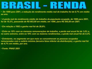 • DDee 11999999 ppaarraa 22000011,, aa rreedduuççããoo ddoo rreennddiimmeennttoo mmééddiioo rreeaall ddee ttrraabbaallhhoo ffooii ddee 00,,77%% eemm mmééddiiaa 
aaoo aannoo.. 
• AA ppeerrddaa rreeaall ddoo rreennddiimmeennttoo mmééddiioo ddee ttrraabbaallhhoo ddaa ppooppuullaaççããoo ooccuuppaaddaa,, ddee 11999966 ppaarraa 22000011,, 
ffooii ddee 1100,,33%%,, ppaassssaannddoo ddee RR$$ 666633,,0000 eemm mmééddiiaa,, eemm 11999966,, ppaarraa RR$$ 559955,,0000 eemm 22000011.. 
• EEmm rreellaaççããoo aa 11999922 oo ggaannhhoo rreeaall ffooii ddee 2288,,88%%.. 
• EEnnttrree ooss 1100%% ccoomm aass mmeennoorreess rreemmuunneerraaççõõeess ddee ttrraabbaallhhoo,, aa ppeerrddaa rreeaall aannuuaall ffooii ddee 11,,66%% ee,, 
nnoo oouuttrroo eexxttrreemmoo,, eennttrree ooss 1100%% ccoomm ooss mmaaiioorreess rreennddiimmeennttooss,, aa ppeerrddaa rreeaall aannuuaall ffooii ddee 00,,33%%.. 
• EEnnttrreettaannttoo,, nnoo sseeggmmeennttoo eemm qquuee mmaaiiss ssee ccoonncceennttrraavvaamm aass ppeessssooaass ooccuuppaaddaass 
rreemmuunneerraaddaass ccoomm oo ssaalláárriioo mmíínniimmoo ((tteerrcceeiirraa ffaaiixxaa iinnffeerriioorr ddaa ddiissttrriibbuuiiççããoo)),, oo ggaannhhoo rreeaall ffooii 
ddee 44,,77%% eemm mmééddiiaa,, ppoorr aannoo.. 
• FFoonnttee:: PPNNAADD 22000011 
113366 
