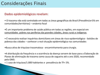 Dados epidemiológicos revelam:
• O tracoma não está controlado em todas as áreas geográficas do Brasil (Prevalência<5% em
comunidades/territórios) – endemia focal
•É um importante problema de saúde pública em todas as regiões, em especial em
comunidades pobres nas periferias das grandes cidades, áreas rurais e indígenas.
• É necessário realizar inquéritos domiciliares em áreas de risco epidemiológico - bolsões de
pobreza das cidades – conhecer a real situação epidemiológica nas comunidades
•Busca ativa de triquíase tracomatosa - encaminhamento para cirurgia.
•A distribuição da frequência e a ocorrência da doença servem de base para a Elaboração de
Planos de eliminação do tracoma como causa de cegueira até o ano 2020, recomendado
pela OMS:
< 1 caso de triquíase/1.000 habitantes e prevalência de TF< 5%.
 