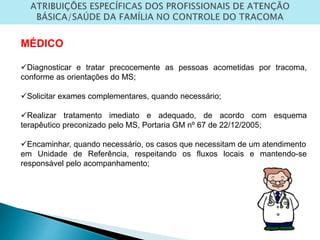 MÉDICO
Diagnosticar e tratar precocemente as pessoas acometidas por tracoma,
conforme as orientações do MS;
Solicitar exames complementares, quando necessário;
Realizar tratamento imediato e adequado, de acordo com esquema
terapêutico preconizado pelo MS, Portaria GM nº 67 de 22/12/2005;
Encaminhar, quando necessário, os casos que necessitam de um atendimento
em Unidade de Referência, respeitando os fluxos locais e mantendo-se
responsável pelo acompanhamento;
 
