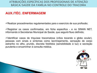 AUX./TÉC. ENFERMAGEM
Realizar procedimentos regulamentados para o exercício de sua profissão;
Registrar os casos confirmados, em ficha especifica - e no SINAN NET,
informando à Secretarias Municipal de Saúde, que seguirá fluxo definido;
Identificar casos de triquíase tracomatosa (cílios tocando o globo ocular),
pessoas com sinais e sintomas como lacrimejamento, sensação de corpo
estranho no olho, prurido, discreta fotofobia (sensibilidade à luz) e secreção
purulenta e encaminhar à consulta médica.
 