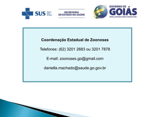 Coordenação Estadual de Zoonoses
Telefones: (62) 3201 2683 ou 3201 7878
E-mail: zoonoses.go@gmail.com
daniella.machado@saude.go.gov.br
 