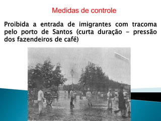 Proibida a entrada de imigrantes com tracoma
pelo porto de Santos (curta duração - pressão
dos fazendeiros de café)
Medidas de controle
 