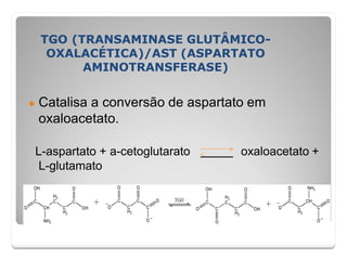 TGO (TRANSAMINASE GLUTÂMICO-
OXALACÉTICA)/AST (ASPARTATO
AMINOTRANSFERASE)
● Catalisa a conversão de aspartato em
oxaloacetato.
L-aspartato + a-cetoglutarato oxaloacetato +
L-glutamato
 