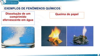 Dissolução de um
comprimido
efervescente em água
EXEMPLOS DE FENÔMENOS QUÍMICOS
Queima de papel
11
 