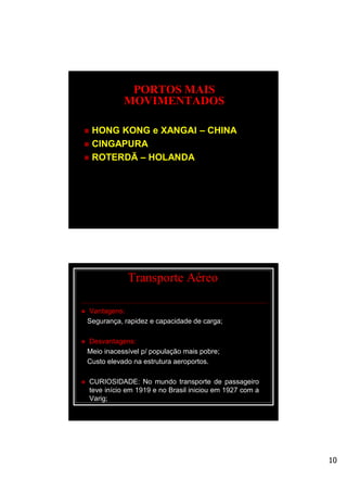10
PORTOS MAIS
MOVIMENTADOS
 HONG KONG e XANGAI – CHINA
 CINGAPURA
 ROTERDÃ – HOLANDA
Transporte Aéreo
 Vantagens:
Segurança, rapidez e capacidade de carga;
 Desvantagens:
Meio inacessível p/ população mais pobre;
Custo elevado na estrutura aeroportos.
 CURIOSIDADE: No mundo transporte de passageiro
teve início em 1919 e no Brasil iniciou em 1927 com a
Varig;
 
