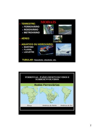 2
MODAIS TERRESTRE:
 FERROVIÁRIO
 RODOVIÁRIO
 METROVIÁRIO
 AÉREO
 AQUÁTICO OU HIDROVIÁRIO:
 MARÍTIMO
 FLUVIAL
 LACUSTRE
TUBULAR: Gasoduto, oleoduto, etc.
FERROVIAS - PAÍSES DESENVOLVIDOS E
SUBDESENVOLVIDOS
 