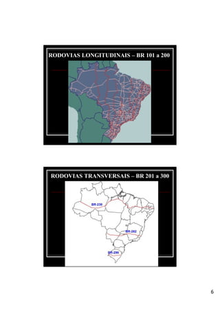 6
RODOVIAS LONGITUDINAIS – BR 101 a 200
RODOVIAS TRANSVERSAIS – BR 201 a 300
 