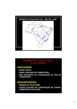 7
RODOVIAS DIAGONAIS – BR 301 a 400
HIDROVIA – FLUVIAL E
LACUSTRE
 VANTAGENS:
 BAIXO CUSTO;
 BAIXO CONSUMO DE COMBUSTÍVEL;
 NÃO NECESSITA DE CONSTRUÇÃO DE VIAS DE
TRANSPORTE.
 DESVANTAGENS:
 RIGIDEZ DE TRAJETÓRIA;
 CUSTO ELEVADO NA CONSTRUÇÃO DE CANAIS,
COMPORTAS E ECLUSAS.
 