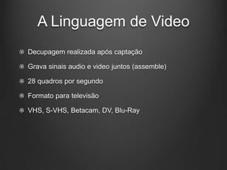 A Linguagem de Video
Decupagem realizada após captação

Grava sinais audio e video juntos (assemble)

28 quadros por segundo

Formato para televisão

VHS, S-VHS, Betacam, DV, Blu-Ray
 