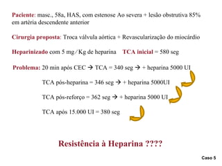 Caso 5 Resistência à Heparina ???? Paciente :  masc., 58a, HAS, com estenose Ao severa + lesão obstrutiva 85% em artéria descendente anterior Cirurgia proposta :  Troca válvula aórtica + Revascularização do miocárdio Heparinizado  com 5 mg ∕ Kg de heparina  TCA inicial  = 580 seg Problema:  20 min após CEC    TCA = 340 seg    + heparina 5000 UI TCA pós-heparina = 346 seg    + heparina 5000UI TCA pós-reforço = 362 seg    + heparina 5000 UI TCA após 15.000 UI = 380 seg  