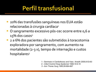 20% das transfusões sanguíneas nos EUA estão relacionadas à cirurgia cardíaca 1 O sangramento excessivo pós-cec ocorre entre 0,6 a 15% dos casos 2 2 a 6% dos pacientes são submetidos à toracotomia exploradora por sangramento, com aumento na mortalidade (2-3 x), tempo de internação e custos hospitalares 3 1 - Seminars in Cardiothorac and Vasc. Anesth 2005;9:53-63 2 -  Infect Control Hosp Epidemiol 1998;19:9-16 3 -  Ann Thorac Surg 1995;59:664-667 