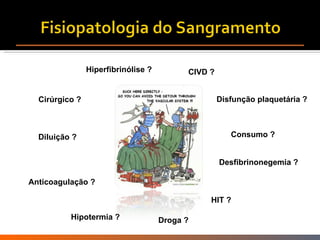 Cirúrgico ? Diluição ? Hiperfibrinólise ? CIVD ? Anticoagulação ? Consumo ? Desfibrinonegemia ? HIT ? Droga ? Hipotermia ? Disfunção plaquetária ? 