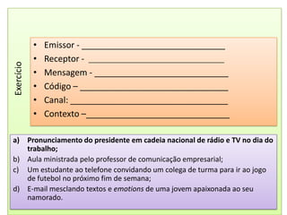 Emissor - ______________________________Receptor -  ________________________________________Mensagem - ____________________________Código – _______________________________Canal: _________________________________Contexto –______________________________ExercícioPronunciamento do presidente em cadeia nacional de rádio e TV no dia do trabalho;Aula ministrada pelo professor de comunicação empresarial;Um estudante ao telefone convidando um colega de turma para ir ao jogo de futebol no próximo fim de semana;E-mail mesclando textos e emotions de uma jovem apaixonada ao seu namorado.