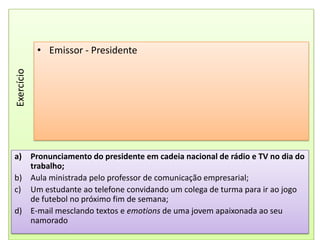 Emissor - PresidenteExercícioPronunciamento do presidente em cadeia nacional de rádio e TV no dia do trabalho;Aula ministrada pelo professor de comunicação empresarial;Um estudante ao telefone convidando um colega de turma para ir ao jogo de futebol no próximo fim de semana;E-mail mesclando textos e emotions de uma jovem apaixonada ao seu namorado