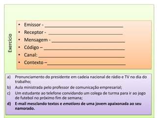 Emissor - ______________________________Receptor -  ________________________________________Mensagem - ____________________________Código – _______________________________Canal: _________________________________Contexto –______________________________ExercícioPronunciamento do presidente em cadeia nacional de rádio e TV no dia do trabalho;Aula ministrada pelo professor de comunicação empresarial;Um estudante ao telefone convidando um colega de turma para ir ao jogo de futebol no próximo fim de semana;E-mail mesclando textos e emotions de uma jovem apaixonada ao seu namorado.