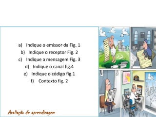 Indique o emissor da Fig. 1Indique o receptor Fig. 2                                  Indique a mensagem Fig. 3Indique o canal fig.4Indique o código fig.1Contexto fig. 2Avaliação de aprendizagem 