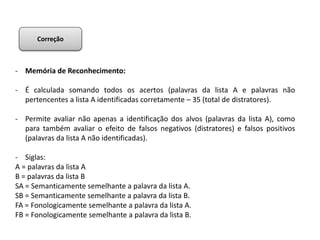 - Memória de Reconhecimento:
- É calculada somando todos os acertos (palavras da lista A e palavras não
pertencentes a lista A identificadas corretamente – 35 (total de distratores).
- Permite avaliar não apenas a identificação dos alvos (palavras da lista A), como
para também avaliar o efeito de falsos negativos (distratores) e falsos positivos
(palavras da lista A não identificadas).
- Siglas:
A = palavras da lista A
B = palavras da lista B
SA = Semanticamente semelhante a palavra da lista A.
SB = Semanticamente semelhante a palavra da lista B.
FA = Fonologicamente semelhante a palavra da lista A.
FB = Fonologicamente semelhante a palavra da lista B.
Correção
 
