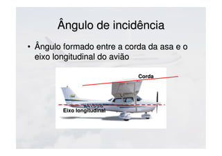 Ângulo de incidênciaÂngulo de incidência
• Ângulo formado entre a corda da asa e oÂngulo formado entre a corda da asa e o
eixo longitudinal do aviãoeixo longitudinal do avião
Eixo longitudinalEixo longitudinal
CordaCorda
 