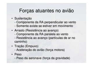 Forças atuantes no aviãoForças atuantes no avião
• SustentaçãoSustentação
- Componente da RA perpendicular ao vento- Componente da RA perpendicular ao vento
- Somente existe se estiver em movimento- Somente existe se estiver em movimento
• Arrasto (Resistência ao avanço)Arrasto (Resistência ao avanço)
- Componente da RA paralela ao vento- Componente da RA paralela ao vento
- Resistência ao avanço (partículas de ar no- Resistência ao avanço (partículas de ar no
caminho)caminho)
• Tração (Empuxo)Tração (Empuxo)
- Aceleração do avião (força motora)- Aceleração do avião (força motora)
• PesoPeso
- Peso da aeronave (força da gravidade)- Peso da aeronave (força da gravidade)
 