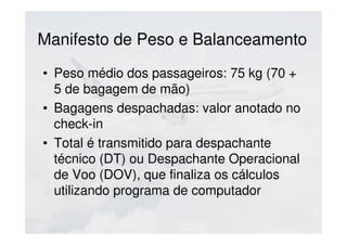 Manifesto de Peso e Balanceamento
• Peso médio dos passageiros: 75 kg (70 +
5 de bagagem de mão)
• Bagagens despachadas: valor anotado no
check-in
• Total é transmitido para despachante
técnico (DT) ou Despachante Operacional
de Voo (DOV), que finaliza os cálculos
utilizando programa de computador
 