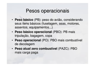 Pesos operacionaisPesos operacionais
• Peso básicoPeso básico (PB): peso do avião, considerando(PB): peso do avião, considerando
seus itens básicos (fuselagem, asas, motores,seus itens básicos (fuselagem, asas, motores,
assentos, equipamentos...)assentos, equipamentos...)
• Peso básico operacionalPeso básico operacional (PBO): PB mais(PBO): PB mais
tripulação, bagagem, copatripulação, bagagem, copa
• Peso operacionalPeso operacional (PO): PBO mais combustível(PO): PBO mais combustível
de decolagemde decolagem
• Peso atual zero combustívelPeso atual zero combustível (PAZC): PBO(PAZC): PBO
mais carga pagamais carga paga
 