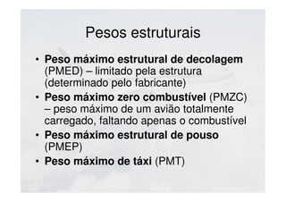Pesos estruturais
• Peso máximo estrutural de decolagem
(PMED) – limitado pela estrutura
(determinado pelo fabricante)
• Peso máximo zero combustível (PMZC)
– peso máximo de um avião totalmente
carregado, faltando apenas o combustível
• Peso máximo estrutural de pouso
(PMEP)
• Peso máximo de táxi (PMT)
 