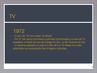 TV
1972
- O ano da "TV em cores" no Brasil.
- Em 31 de março acontece a primeira transmissão a cores da TV
brasileira: a Festa da Uva de Caxias do Sul, no Rio Grande do Sul. 
- O sistema adotado no país é o PAL-M e a TV Globo é a mais
adiantada na implantação das imagens coloridas.

!10

 