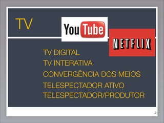 TV
TV DIGITAL
TV INTERATIVA
CONVERGÊNCIA DOS MEIOS
TELESPECTADOR ATIVO
TELESPECTADOR/PRODUTOR
!21

 