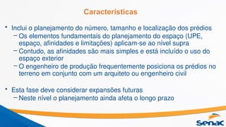 Características
• Inclui o planejamento do número, tamanho e localização dos prédios
– Os elementos fundamentais do planejamento do espaço (UPE,
espaço, afinidades e limitações) aplicam-se ao nível supra
– Contudo, as afinidades são mais simples e está incluído o uso do
espaço exterior
– O engenheiro de produção frequentemente posiciona os prédios no
terreno em conjunto com um arquiteto ou engenheiro civil
• Esta fase deve considerar expansões futuras
– Neste nível o planejamento ainda afeta o longo prazo
 