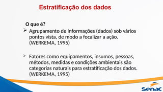 O que é?
 Agrupamento de informações (dados) sob vários
pontos vista, de modo a focalizar a ação.
(WERKEMA, 1995)
 Fatores como equipamentos, insumos, pessoas,
métodos, medidas e condições ambientais são
categorias naturais para estratificação dos dados.
(WERKEMA, 1995)
Estratificação dos dados
 