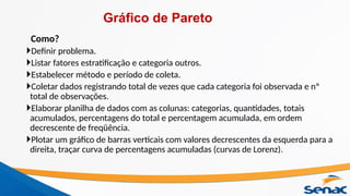 Como?
Definir problema.
Listar fatores estratificação e categoria outros.
Estabelecer método e período de coleta.
Coletar dados registrando total de vezes que cada categoria foi observada e nº
total de observações.
Elaborar planilha de dados com as colunas: categorias, quantidades, totais
acumulados, percentagens do total e percentagem acumulada, em ordem
decrescente de freqüência.
Plotar um gráfico de barras verticais com valores decrescentes da esquerda para a
direita, traçar curva de percentagens acumuladas (curvas de Lorenz).
Gráfico de Pareto
 