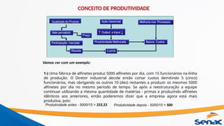 Vamos ver com um exemplo:
1-) Uma fábrica de alfinetes produz 5000 alfinetes por dia, com 15 funcionários na linha
de produção. O Diretor industrial decide então cortar custos demitindo 5 (cinco)
funcionários, mas obrigando os outros 10 (dez) restantes a produzir os mesmos 5000
alfinetes por dia no mesmo período de tempo. Se após a reestruturação a equipe
continuar utilizando a mesma quantidade de matérias - primas e produzindo alfinetes
idênticos aos anteriores, então poderemos dizer que a empresa agora está mais
produtiva, pois:
Produtividade antes - 5000/15 = 333,33 Produtividade depois - 5000/10 = 500
CONCEITO DE PRODUTIVIDADE
 