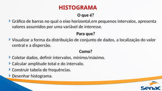 O que é?
 Gráfico de barras no qual o eixo horizontal,em pequenos intervalos, apresenta
valores assumidos por uma variável de interesse.
Para que?
 Visualizar a forma da distribuição de conjunto de dados, a localização do valor
central e a dispersão.
Como?
 Coletar dados, definir intervalos, mínimo/máximo.
 Calcular amplitude total e do intervalo.
 Construir tabela de frequências.
 Desenhar histograma.
HISTOGRAMA
 
