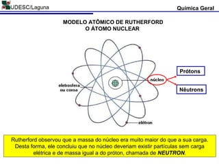 MODELO ATÔMICO DE RUTHERFORD
O ÁTOMO NUCLEAR
Química Geral
Rutherford observou que a massa do núcleo era muito maior do que a sua carga.
Desta forma, ele concluiu que no núcleo deveriam existir partículas sem carga
elétrica e de massa igual a do próton, chamada de NEUTRON.
Prótons
Nêutrons
 