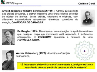 Química Geral
Arnold Johannes Wilhelm Sommerfeld (1914): Admitiu que além da
das orbitas circulares, o elétron descreve uma orbita elíptica ao redor
do núcleo do átomos. Essas orbitas, circulares e elípticas, com
diferentes excentricidade apresentam diferentes conteúdos de
energia, CHAMODAS DE CAMADAS.
De Broglie (1923): Desenvolveu uma equação na qual demonstrava
que qualquer corpo em movimento está associado à fenômenos
ondulatórios. O ELÉTRONS apresenta a natureza de uma
PARTÍCULA-ONDA.
Werner Heisenberg (1927): Anunciou o Princípio
da Incerteza.
“ É impossível determinar simultaneamente a posição exata e a
velocidade de uma partícula onda num dado instante”
 