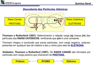 Química Geral
Descoberta das Partículas Atômicas
Thomson e Rutherford (1897): Determinaram a relação carga (q) massa (m) das
partículas dos RAIOS CATÓDICOS, verificando que q/m é uma constante.
Thomson chegou a conclusão que essas partículas, com carga negativa, estavam
presentes em qualquer tipo de matéria e deu o nome para elas de ELÉTRONS.
Raios Catódicos
ELÉTRONS
Goldstein, Thomson e Rutherford (1897): Os RAIOS CANAIS são formados por
partículas com carga positiva que chamaram de PRÓTONS.
Raios Canais
PRÓTONS
ÁTOMO ElétronsPrótons
 