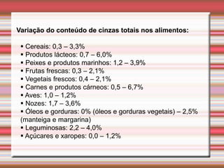 Variação do conteúdo de cinzas totais nos alimentos:
 Cereais: 0,3 – 3,3%
 Produtos lácteos: 0,7 – 6,0%
 Peixes e produtos marinhos: 1,2 – 3,9%
 Frutas frescas: 0,3 – 2,1%
 Vegetais frescos: 0,4 – 2,1%
 Carnes e produtos cárneos: 0,5 – 6,7%
 Aves: 1,0 – 1,2%
 Nozes: 1,7 – 3,6%
 Óleos e gorduras: 0% (óleos e gorduras vegetais) – 2,5%
(manteiga e margarina)
 Leguminosas: 2,2 – 4,0%
 Açúcares e xaropes: 0,0 – 1,2%
 