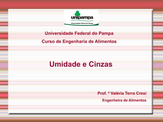 Universidade Federal do Pampa
Curso de Engenharia de Alimentos
Umidade e Cinzas
Prof. ª Valéria Terra Crexi
Engenheira de Alimentos
 