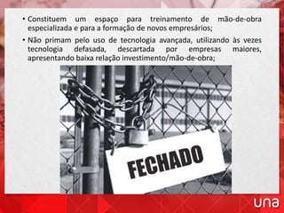 • Constituem um espaço para treinamento de mão-de-obra
especializada e para a formação de novos empresários;
• Não primam pelo uso de tecnologia avançada, utilizando às vezes
tecnologia defasada, descartada por empresas maiores,
apresentando baixa relação investimento/mão-de-obra;
 
