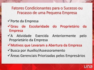 Fatores Condicionantes para o Sucesso ou
Fracasso de uma Pequena Empresa
Porte da Empresa
Grau de Escolaridade do Proprietário da
Empresa
A Atividade Exercida Anteriormente pelo
Proprietário da Empresa
Motivos que Levaram a Abertura da Empresa
Busca por Auxílio/Assessoramento
Áreas Gerenciais Priorizadas pelos Empresários
 