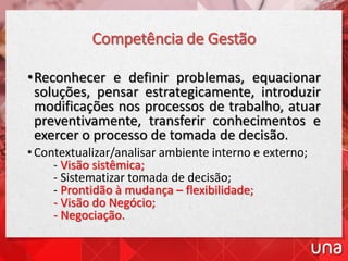 Competência de Gestão
•Reconhecer e definir problemas, equacionar
soluções, pensar estrategicamente, introduzir
modificações nos processos de trabalho, atuar
preventivamente, transferir conhecimentos e
exercer o processo de tomada de decisão.
• Contextualizar/analisar ambiente interno e externo;
- Visão sistêmica;
- Sistematizar tomada de decisão;
- Prontidão à mudança – flexibilidade;
- Visão do Negócio;
- Negociação.
 